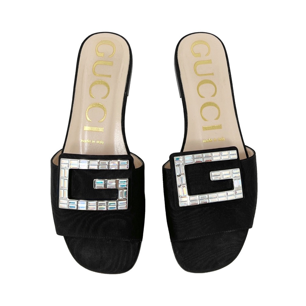 Gucci Black Mules‎ Slide Flat Sandals Crystal Logo Size 36.5